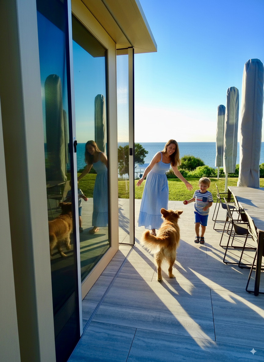 Screens for pillarless corners create a seamless transition from indoor to outdoor family experience